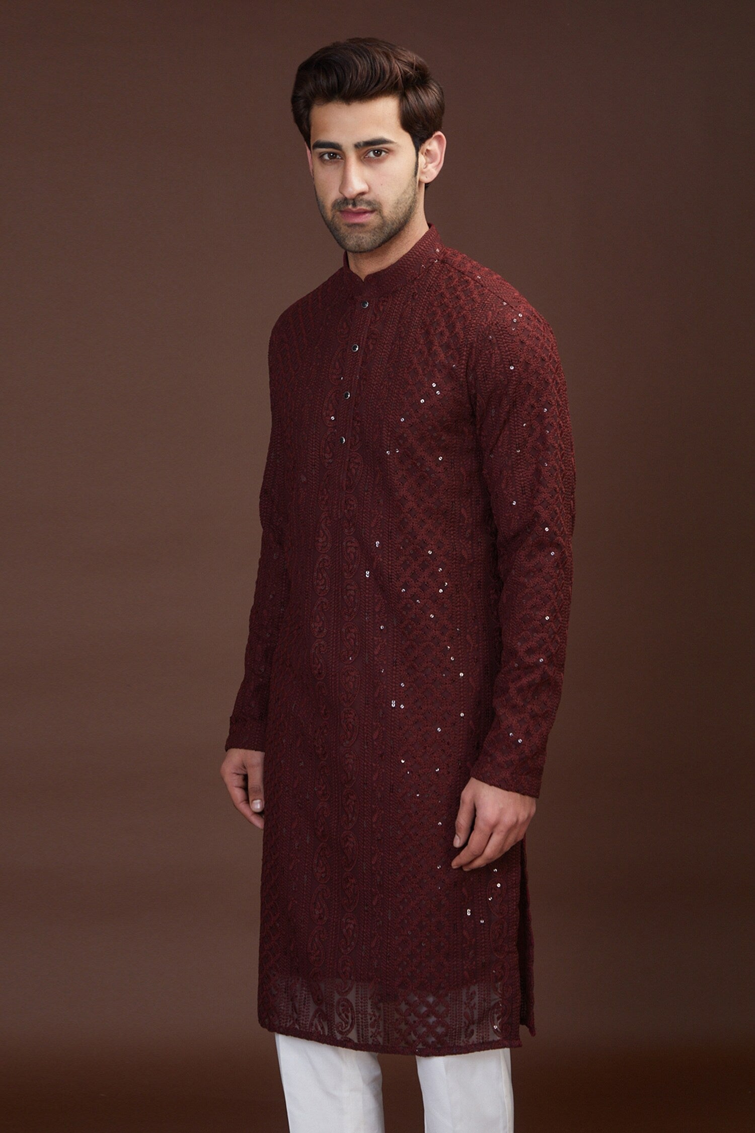 Men Maroon Paisley Chikankari Kurta