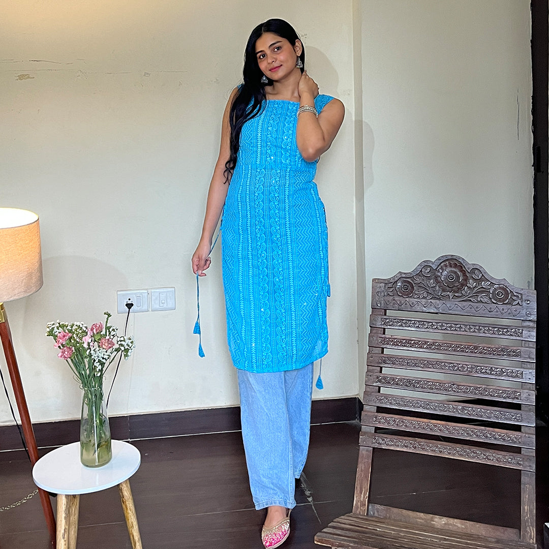 Turquoise Side Tassel Long Chikankari Kurti