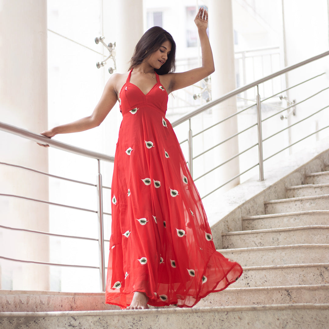 Red Embrodiered Halter Neck Padded Maxi Gown