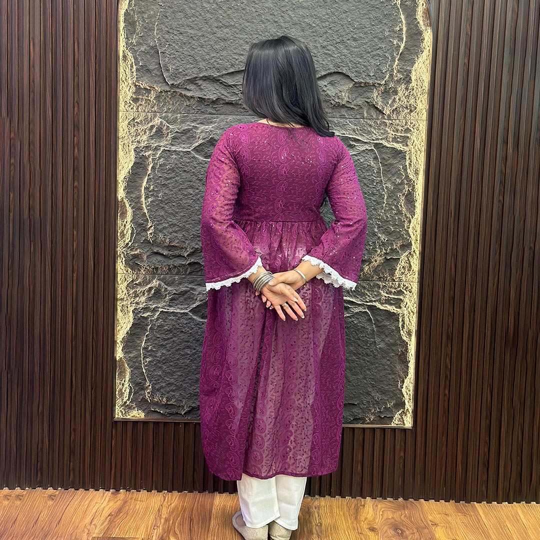 Purple Alia-Cut Georgette Lucknowi Chikankari Kurta Set