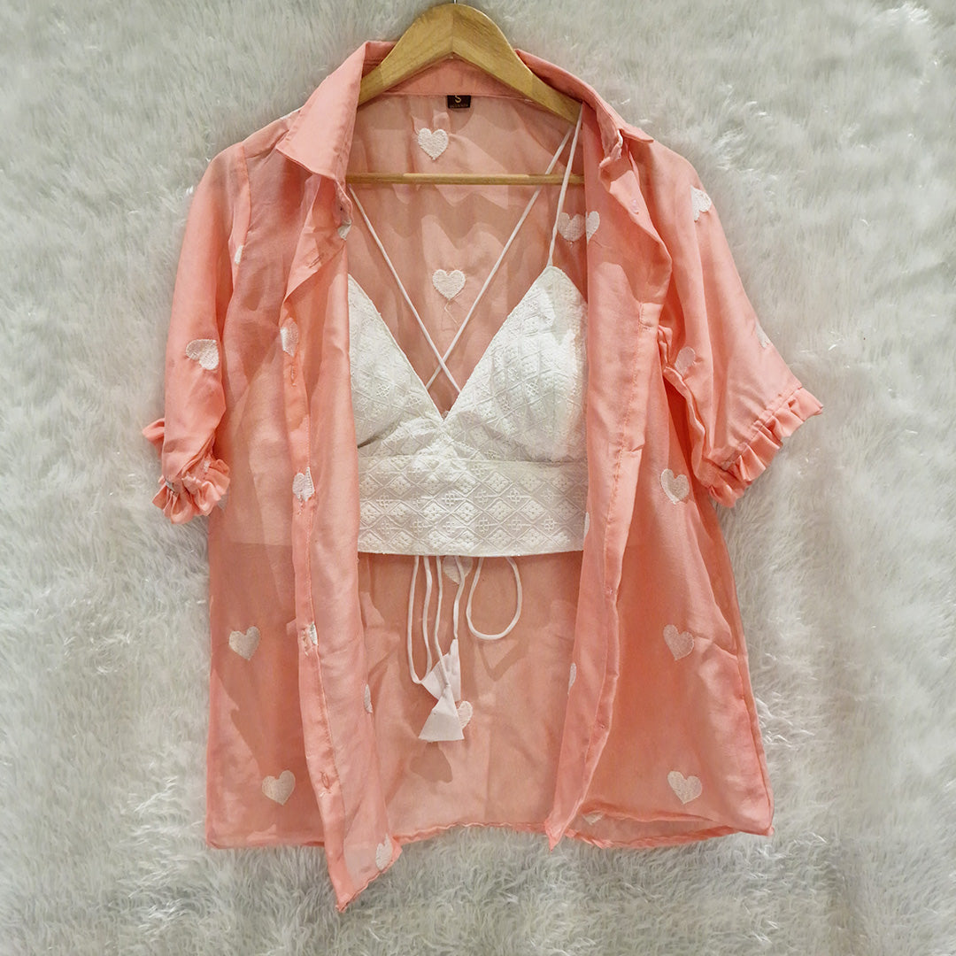 Peach Heart Embroidered Chiffon Shirt & White Chikan Bra Combo