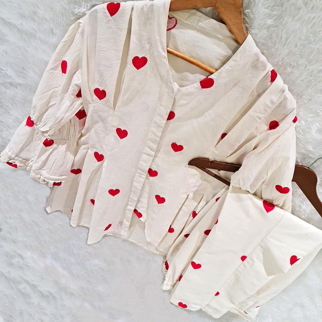 Biege Heart Embrodiered Thred Work Juliet Sleeve Co-Ord Set