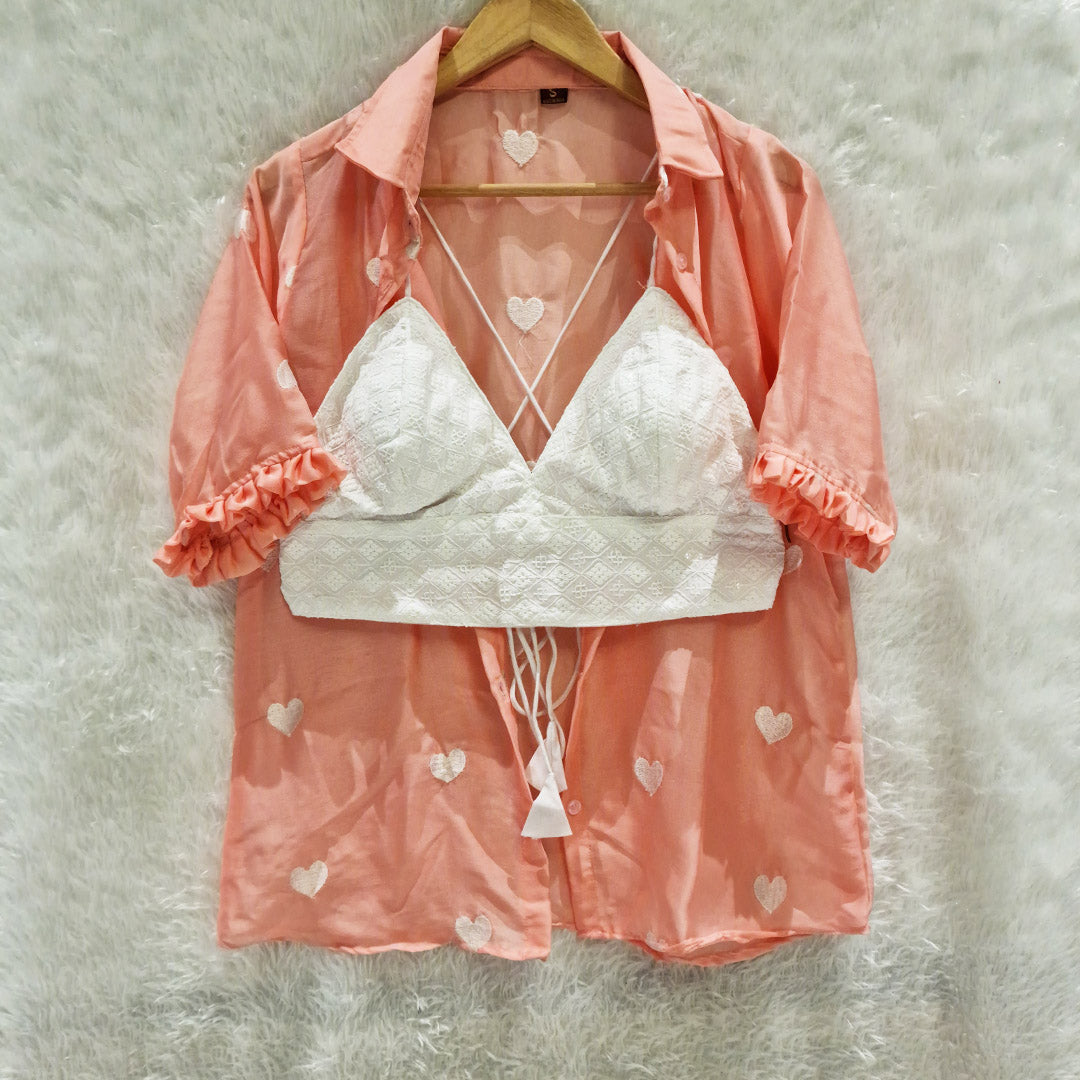 Peach Heart Embroidered Chiffon Shirt & White Chikan Bra Combo