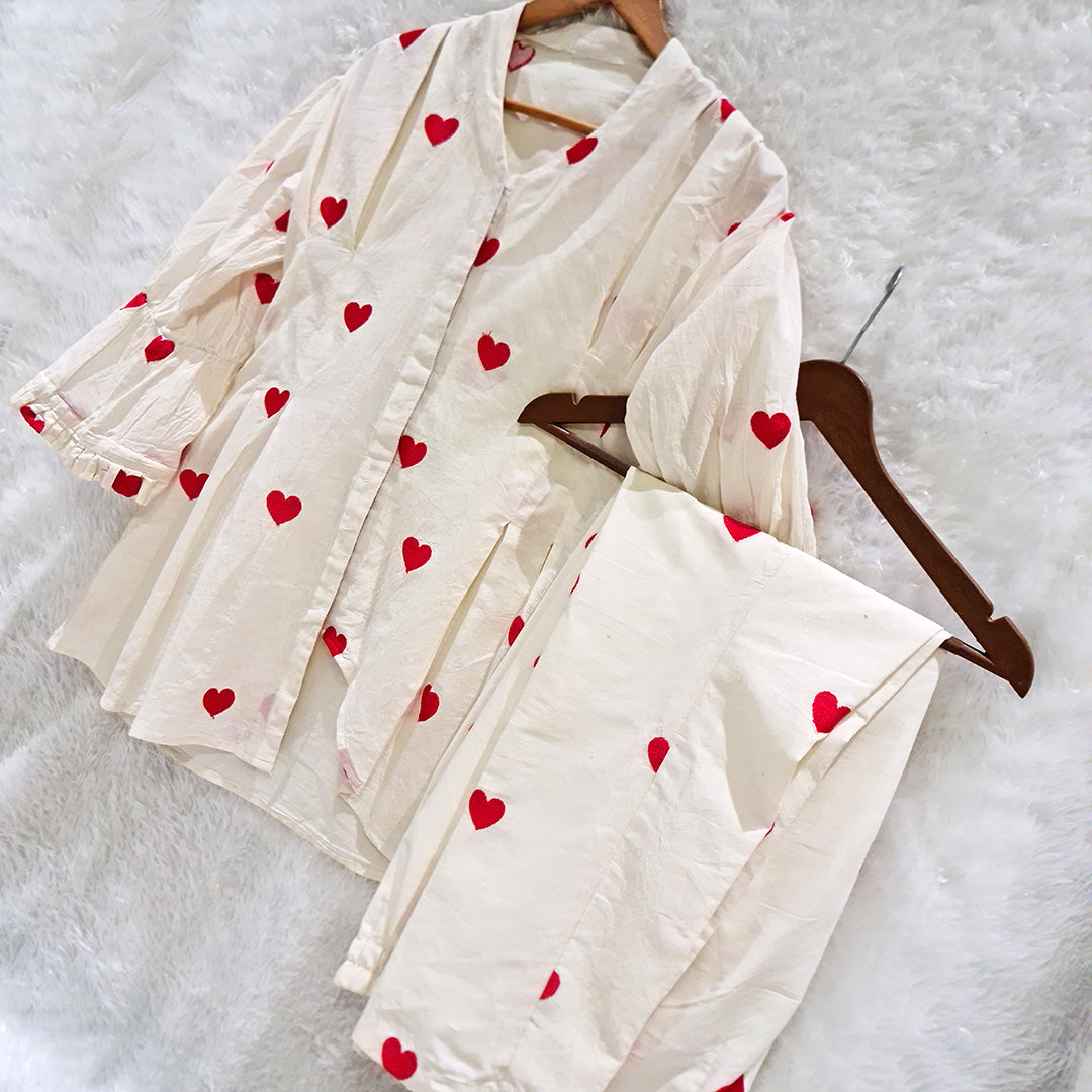 Biege Heart Embrodiered Thred Work Juliet Sleeve Co-Ord Set