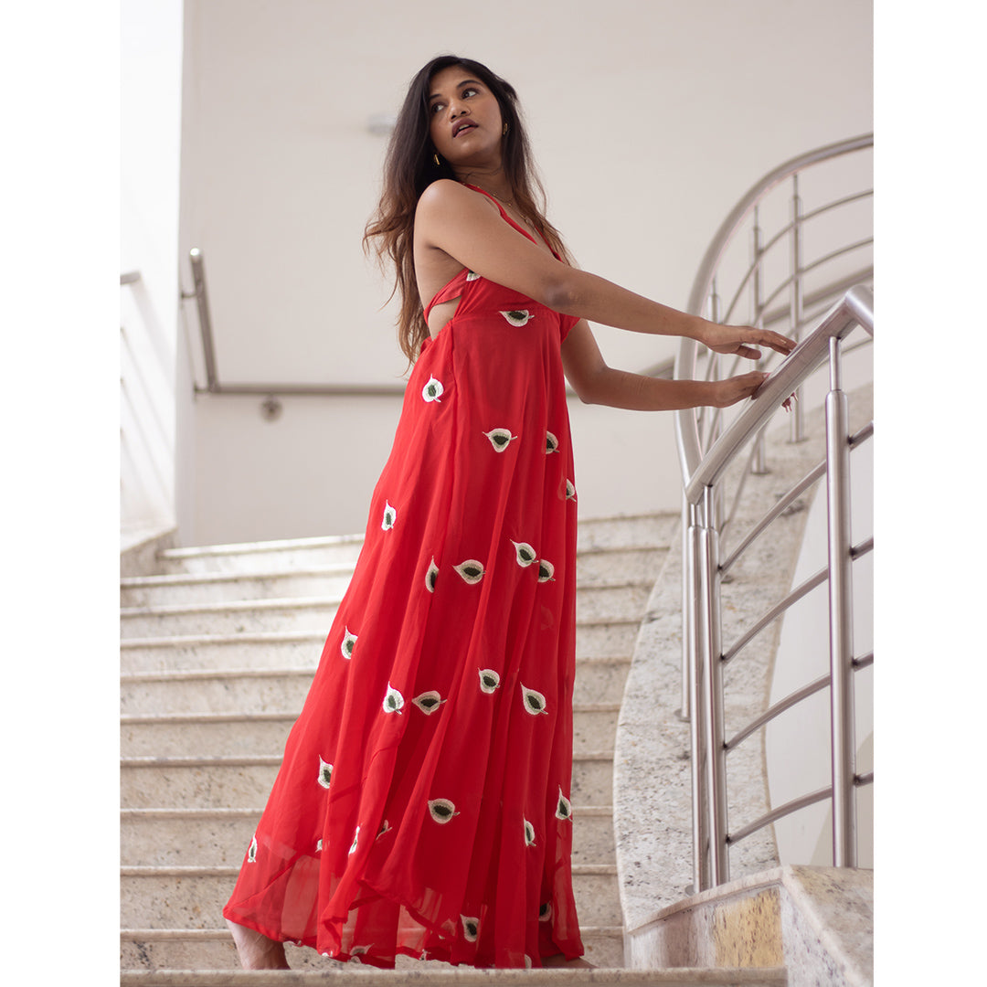 Red Embrodiered Halter Neck Padded Maxi Gown