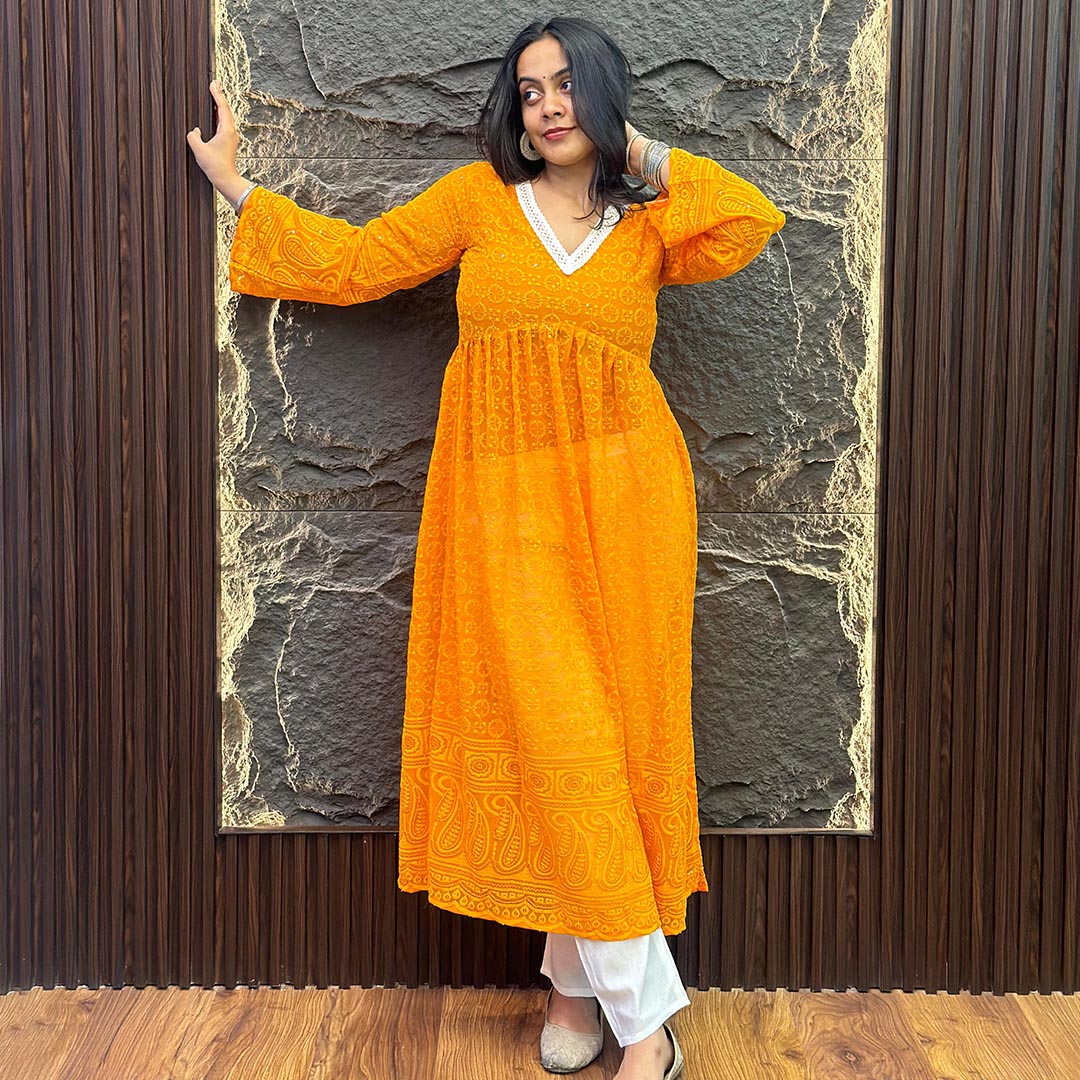 Orange Alia-Cut Georgette Lucknowi Chikankari Kurta Set