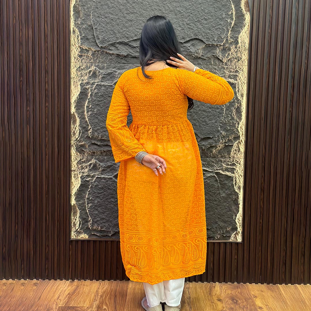 Orange Alia-Cut Georgette Lucknowi Chikankari Kurta Set