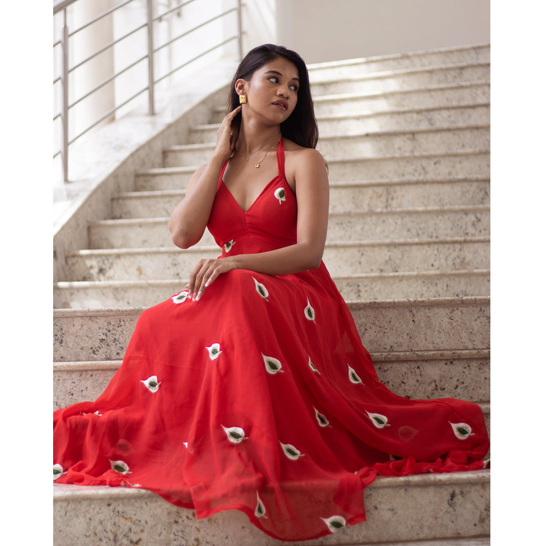 Red Embrodiered Halter Neck Padded Maxi Gown