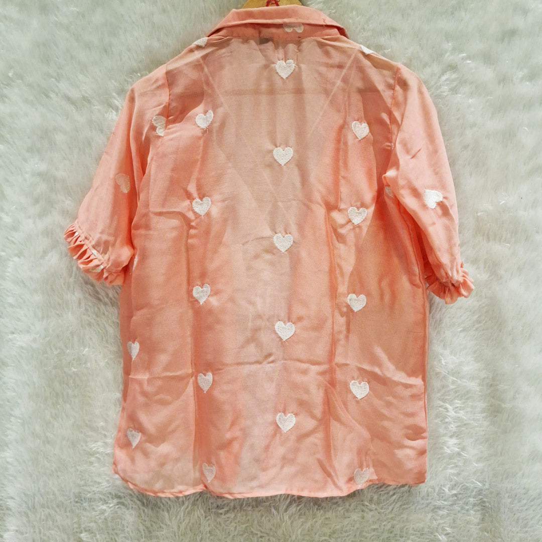 Peach Heart Embroidered Chiffon Shirt & White Chikan Bra Combo