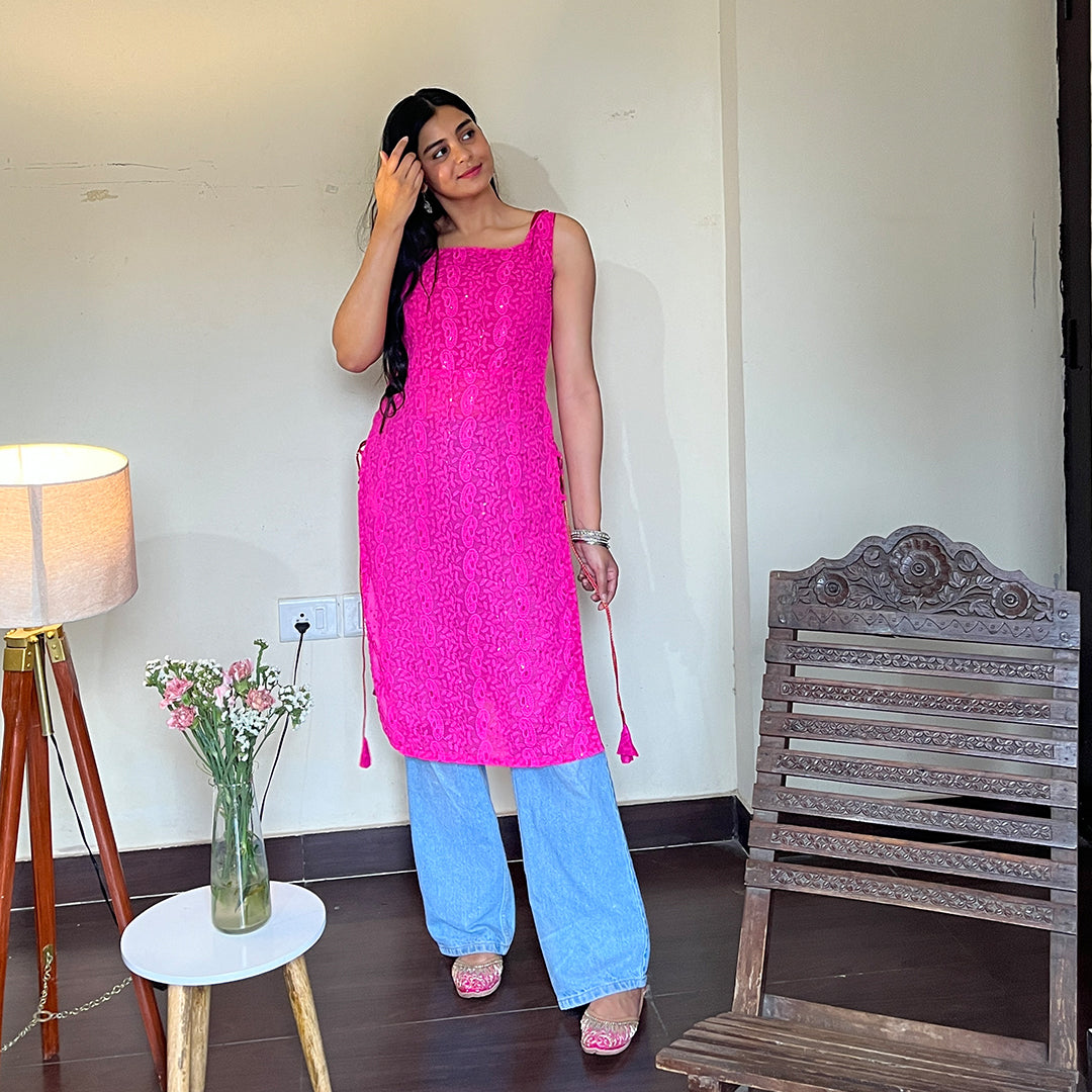 Magenta Side Tassel Long Chikankari Kurti