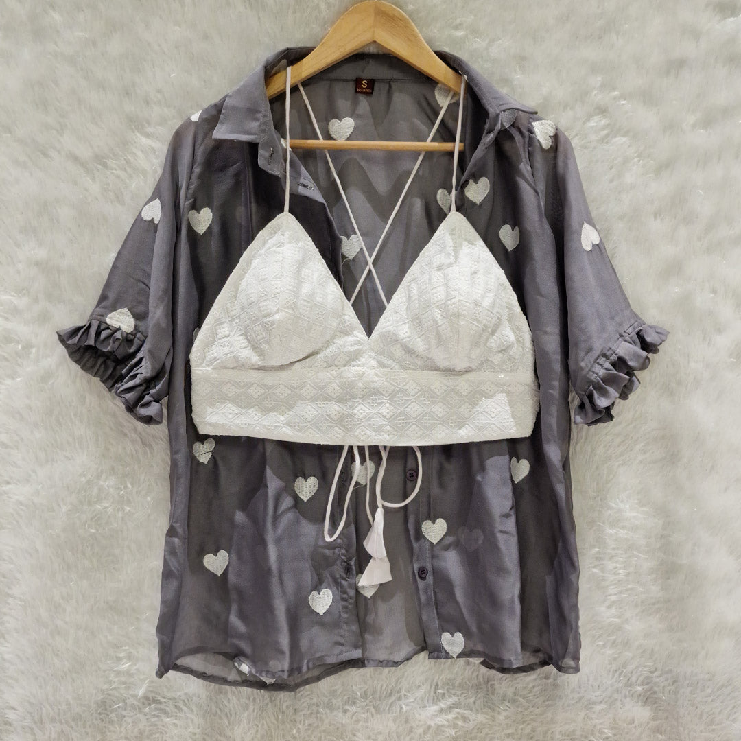 Dark Grey Heart Embroidery Chiffon Shirt & White Chikan Bra Combo