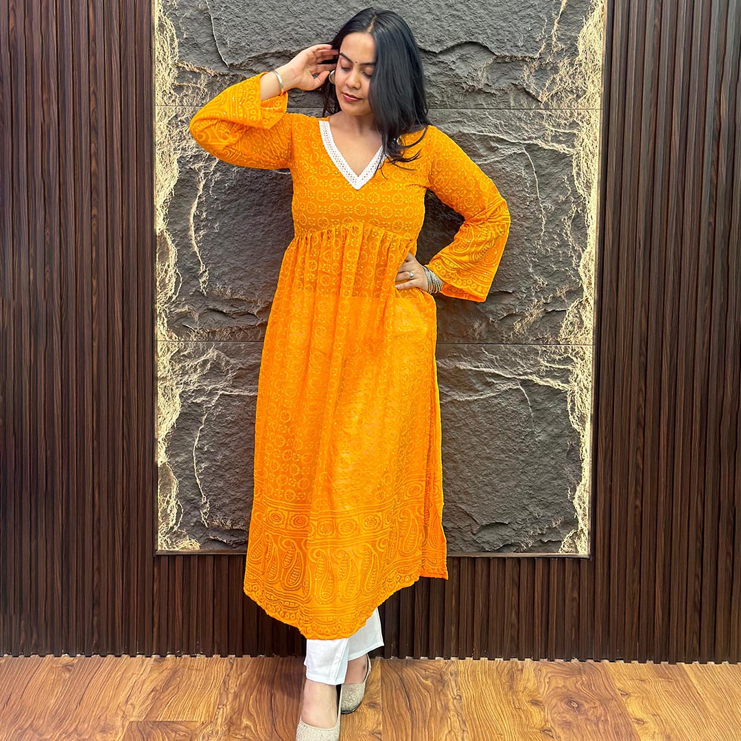 Orange Alia-Cut Georgette Lucknowi Chikankari Kurta Set