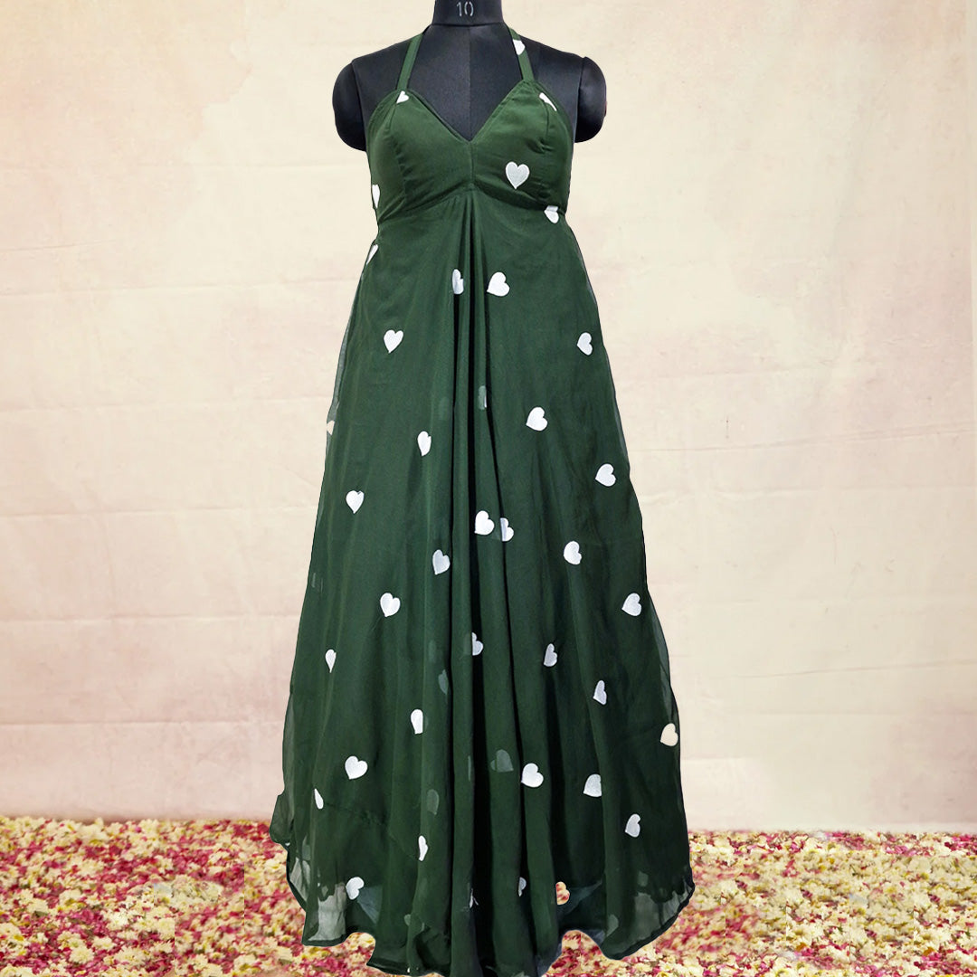 Dark Green Heart Embrodiered Halter Neck Padded Maxi Gown