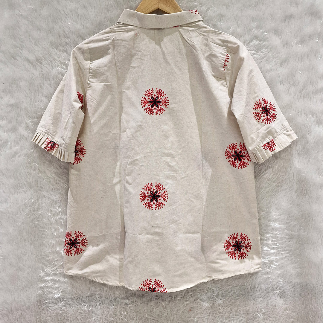 Milky White Embroidery Cotton Shirt & Red Chikan Bra Combo