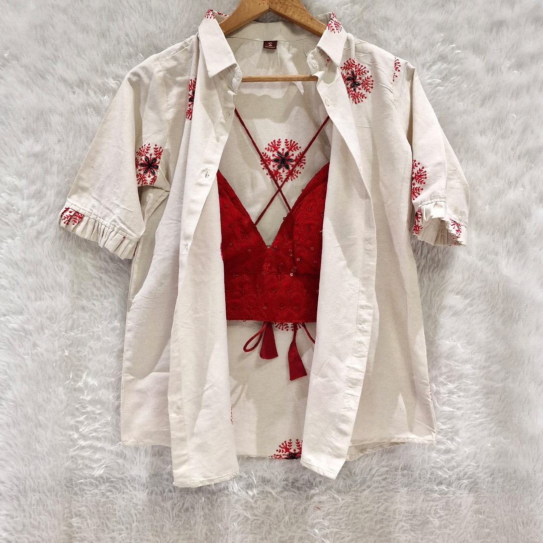 Biege Embroidery Cotton Shirt & Red Chikan Bra Combo