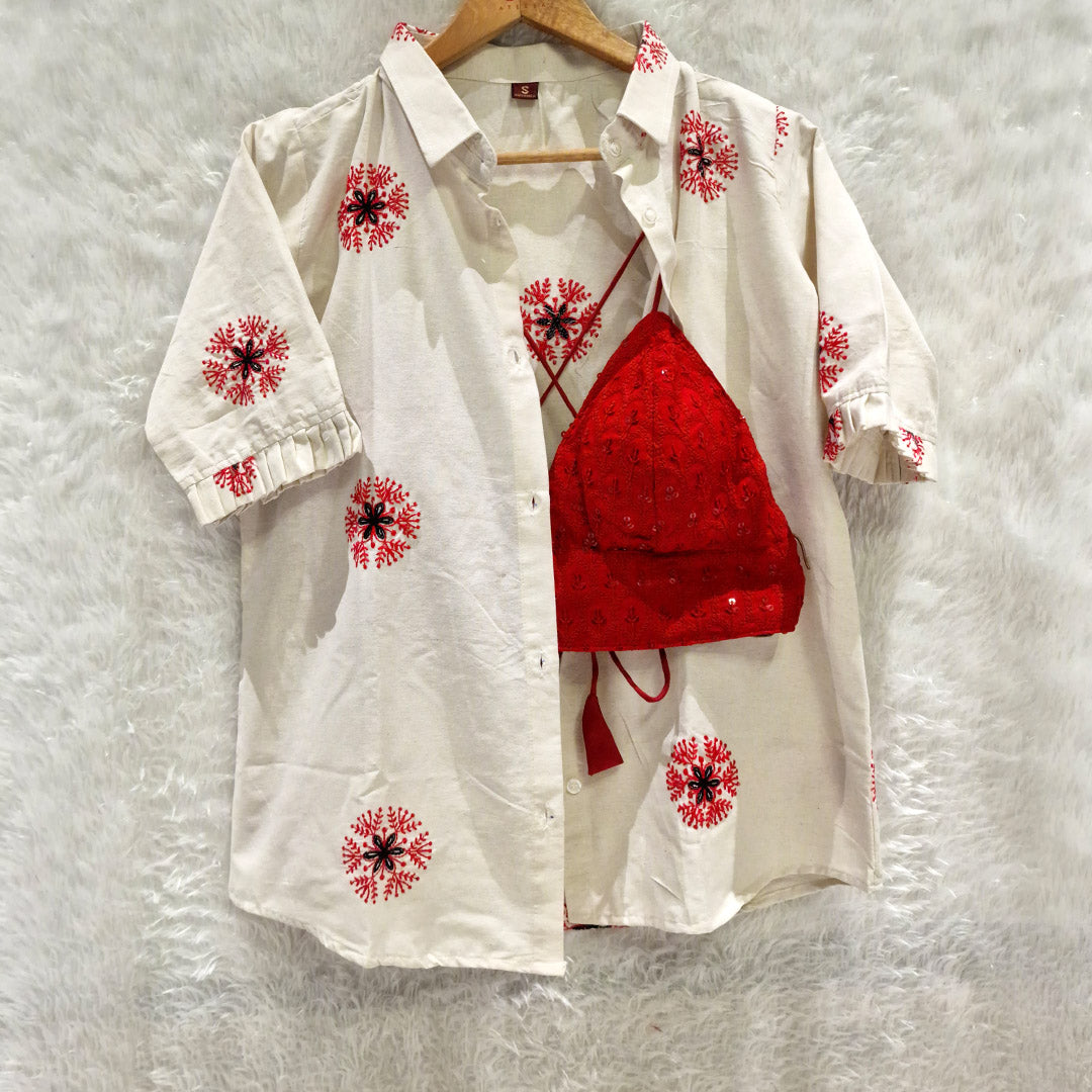 Biege Embroidery Cotton Shirt & Red Chikan Bra Combo