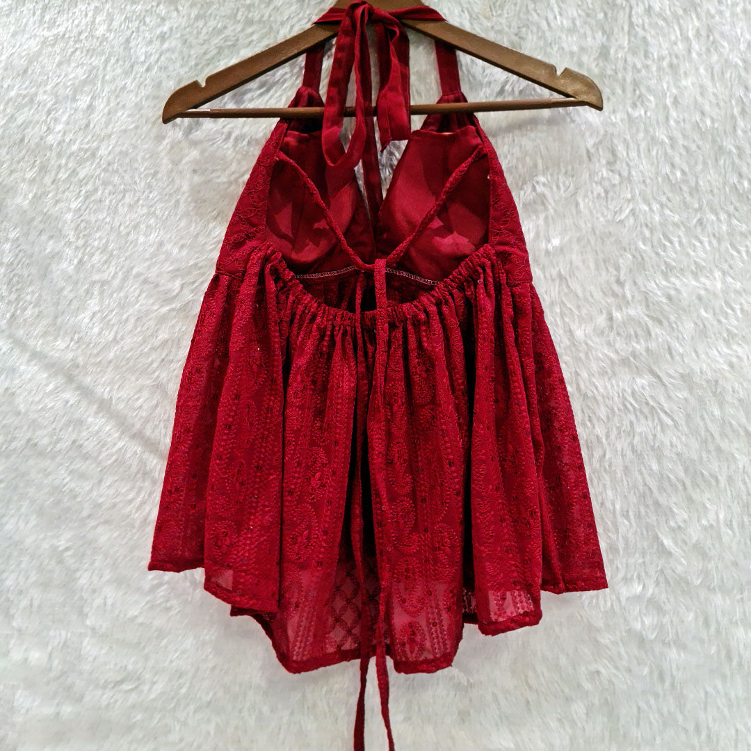 Maroon Chikankari Halter Top & Red Chikan Bra Combo