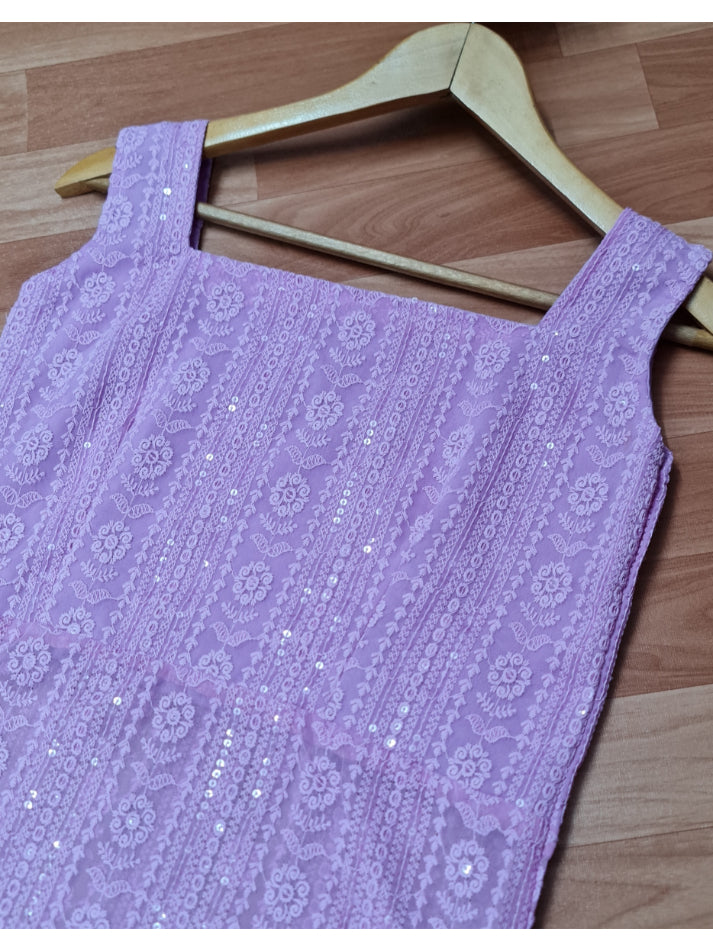 Lavender Bodyfit Side Tassel Long Chikankari Kurti