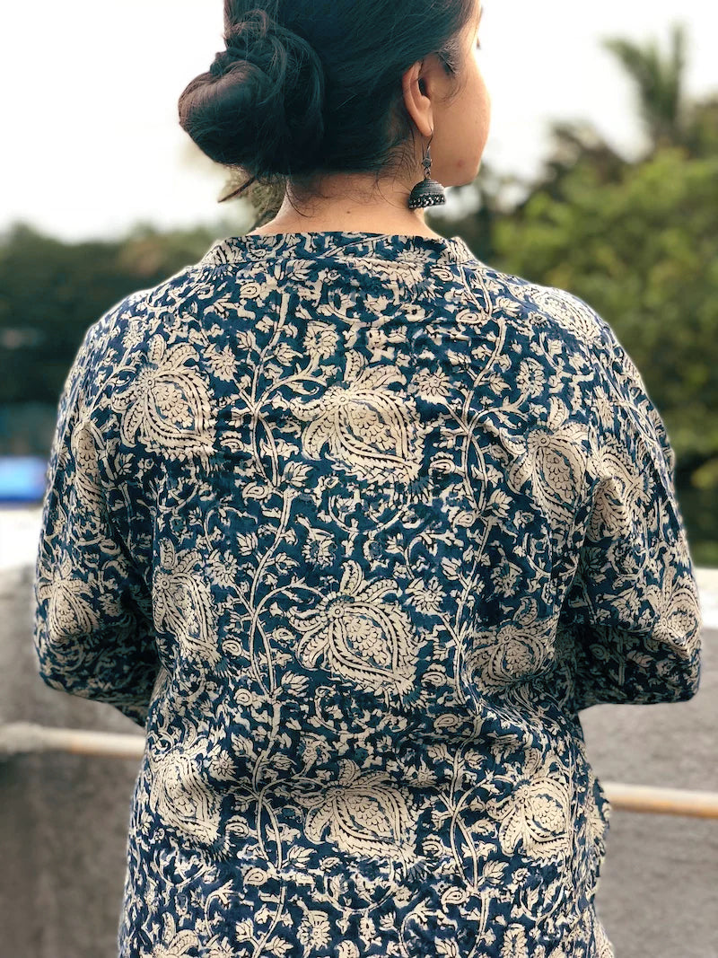 Indigo Printed Cotton Kalamkari Kurta With Elasticated Palazzo Set Of 2