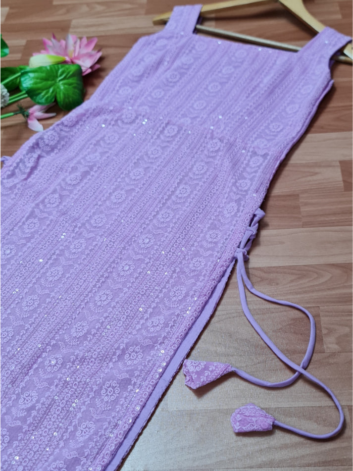 Lavender Bodyfit Side Tassel Long Chikankari Kurti