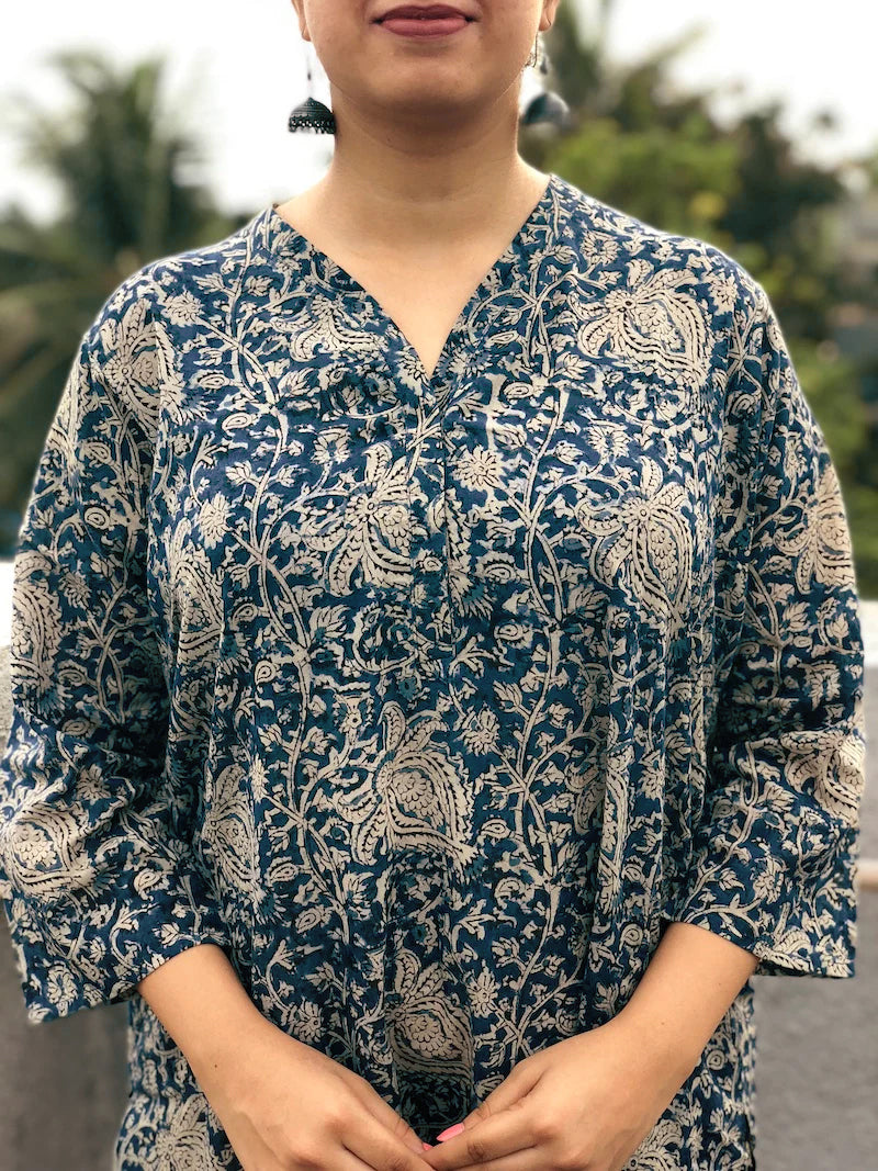 Indigo Printed Cotton Kalamkari Kurta With Elasticated Palazzo Set Of 2