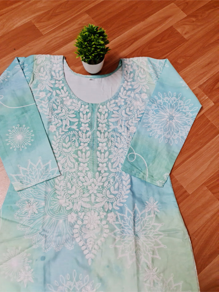 Aqua Blue Aya Mulmul Muslin Straight Chikankari Kurti