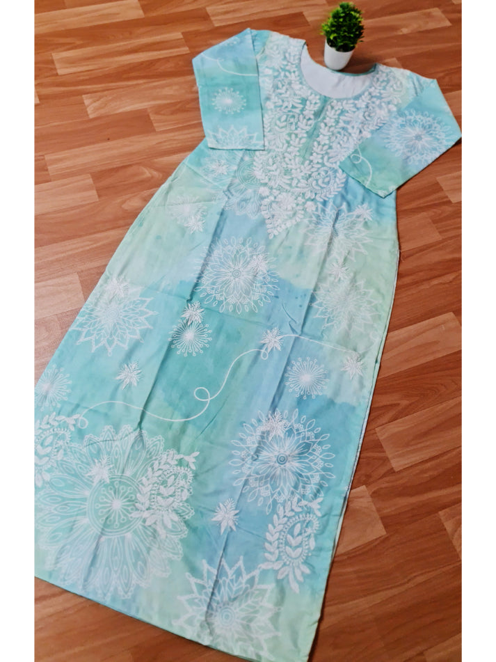 Aqua Blue Aya Mulmul Muslin Straight Chikankari Kurti