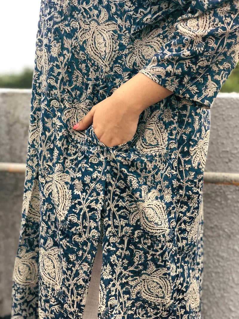 Indigo Printed Cotton Kalamkari Kurta With Elasticated Palazzo Set Of 2