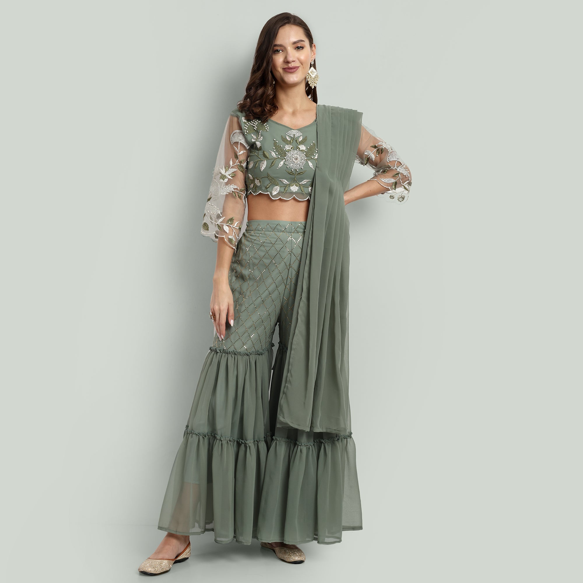 Grey Georgette Embroidery Round Pant Sharara Set