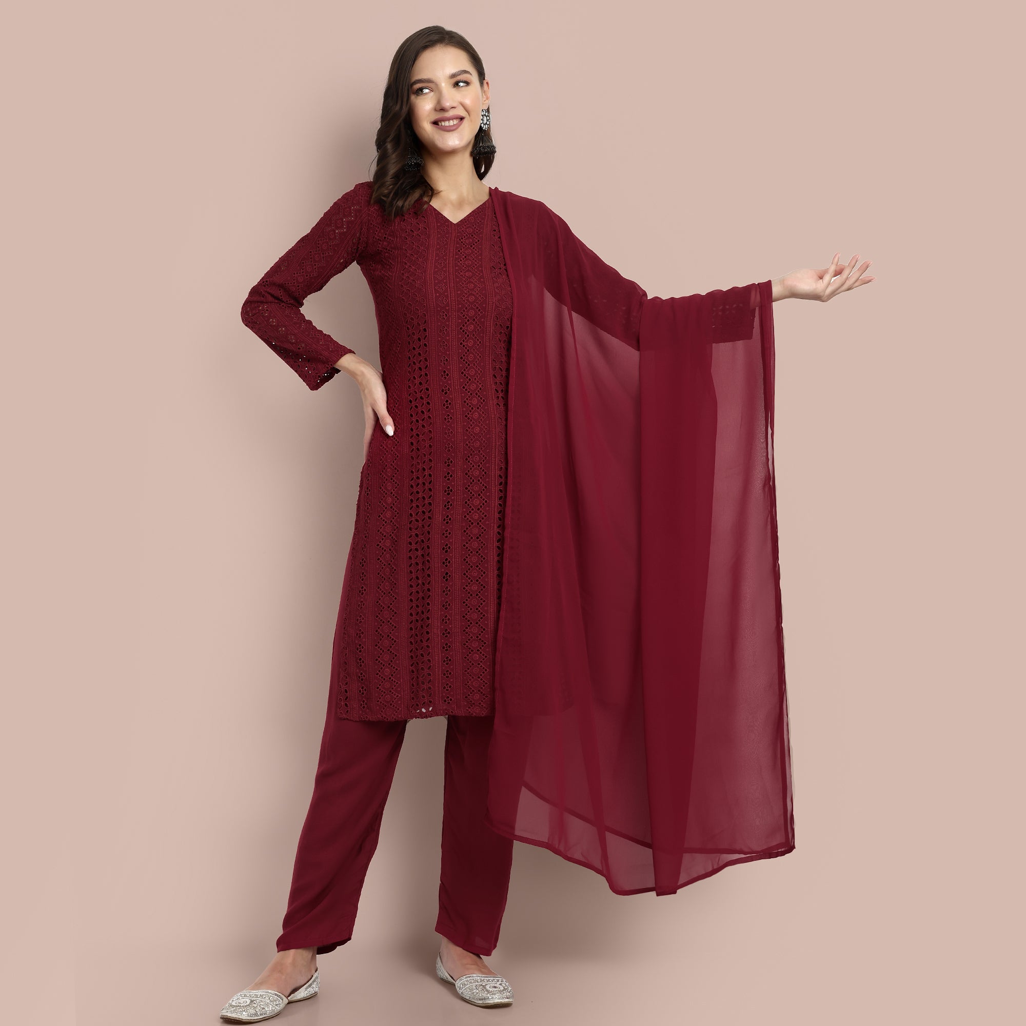 Women Hakoba Work Kurta With Trousers & Dupatta