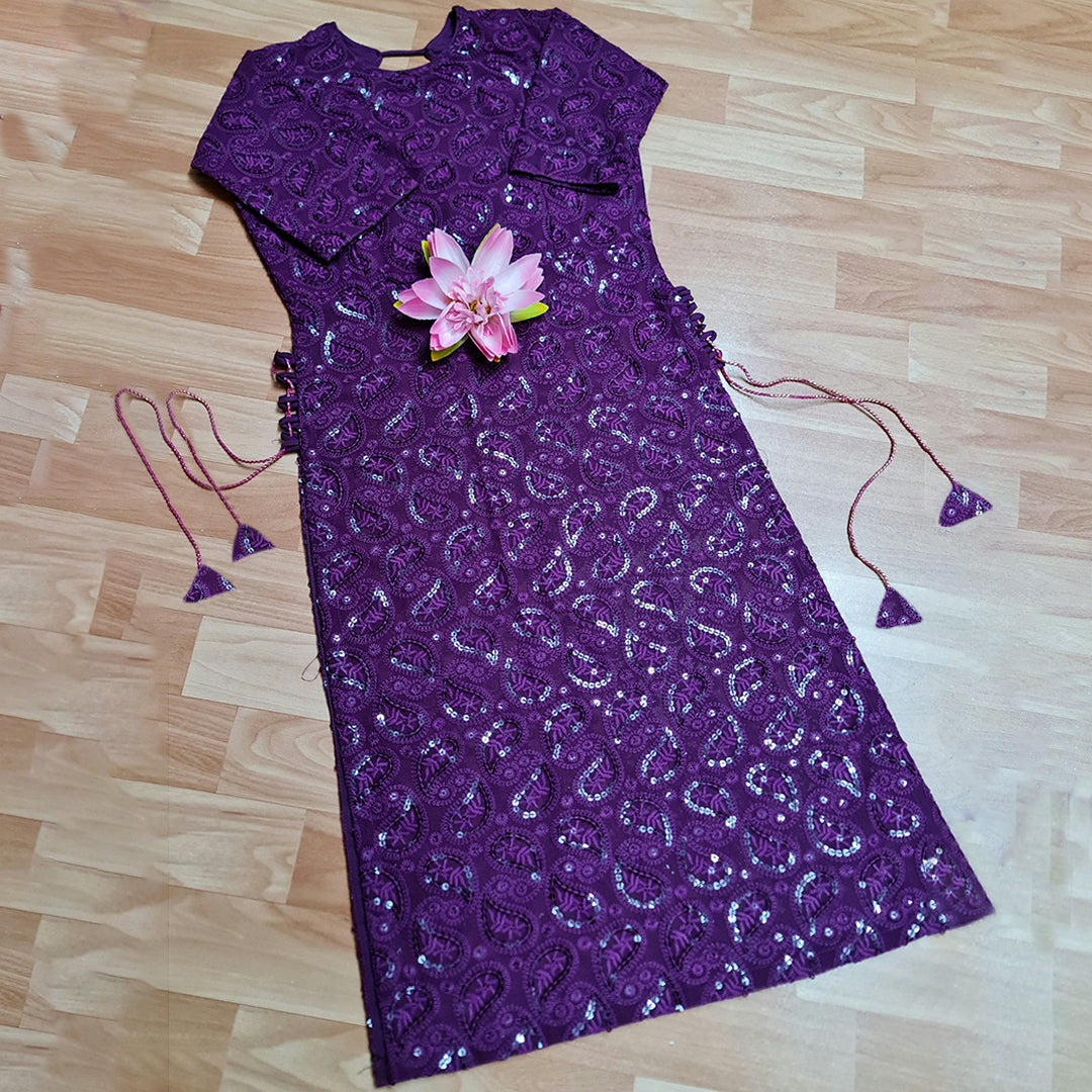 Purple Bodyfit Side Tassel Chikankari Long Kurti