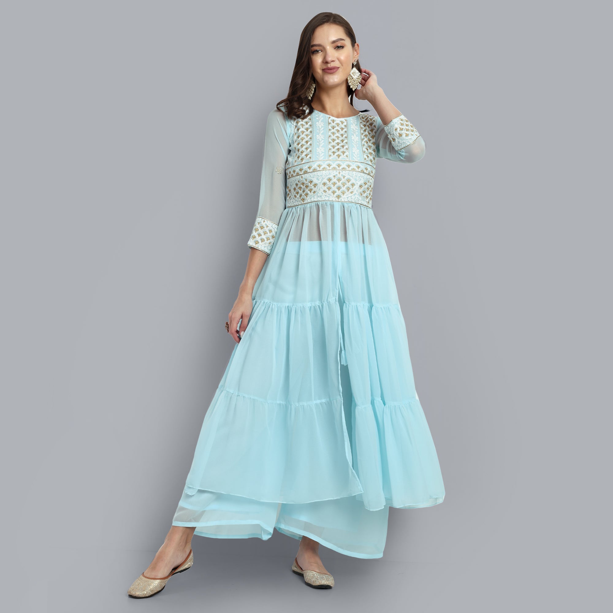 Women Blue Floral Embroidered Tiered Kurta with Sharara