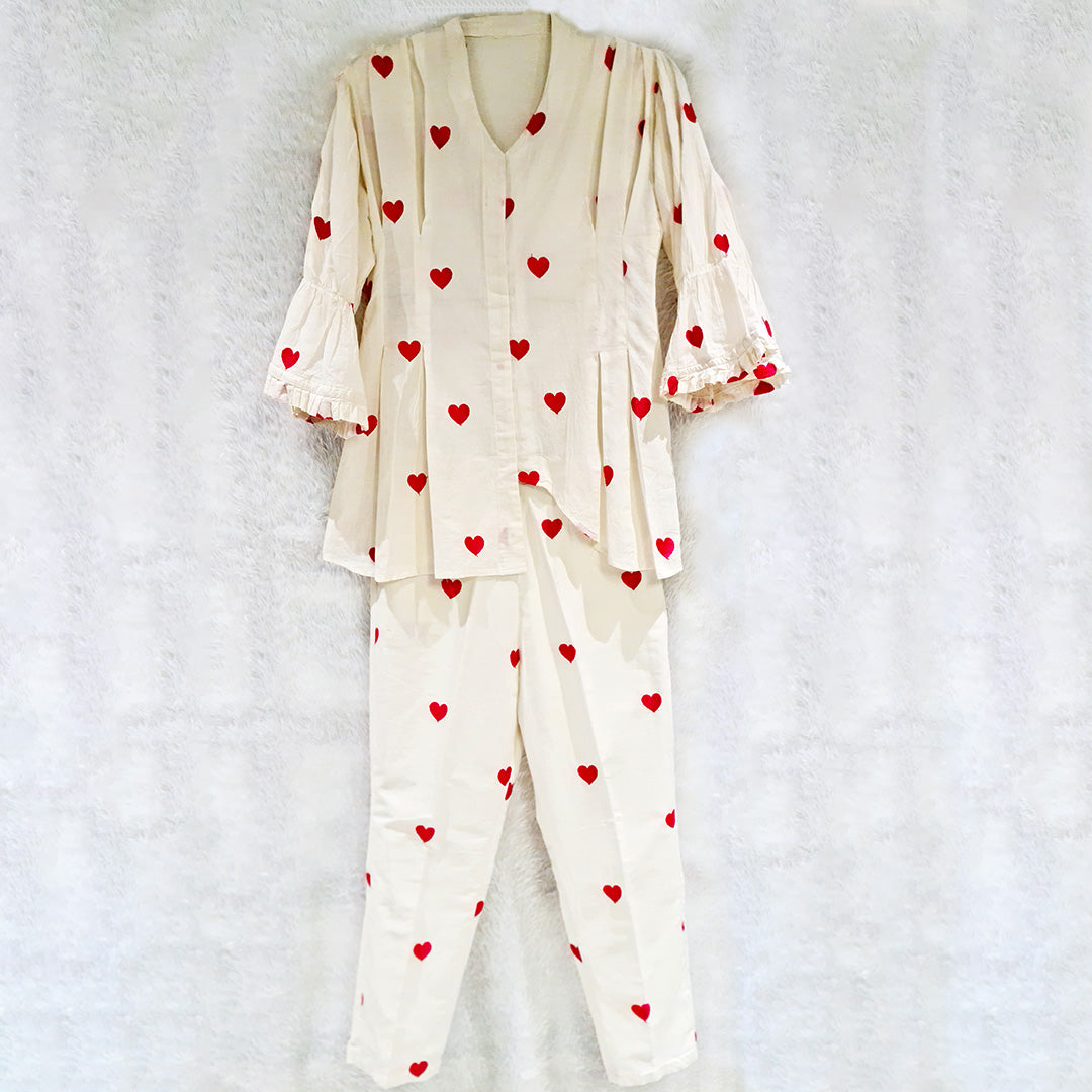 Biege Heart Embrodiered Thred Work Juliet Sleeve Co-Ord Set