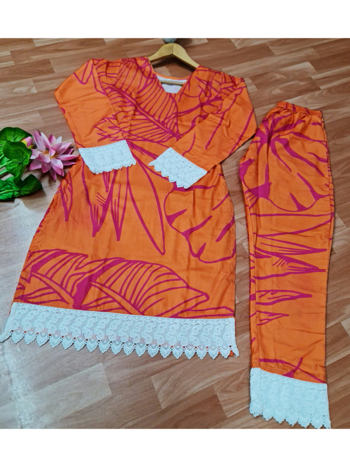 Orange Printed Silk Co-ord Set - Set of 2