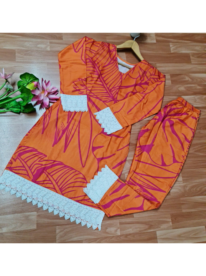 Orange Printed Silk Co-ord Set - Set of 2