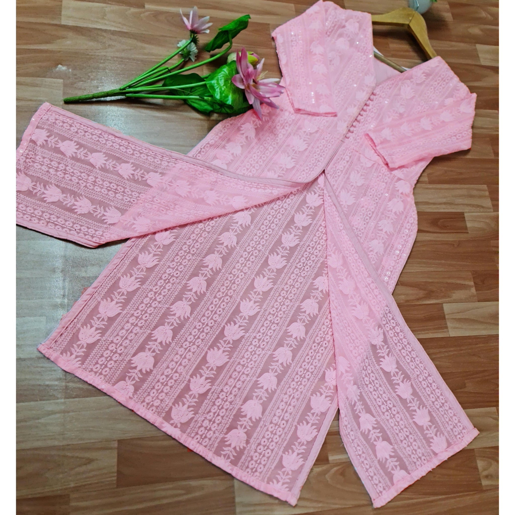 Pink Front Slit Chikankari Long Kurti