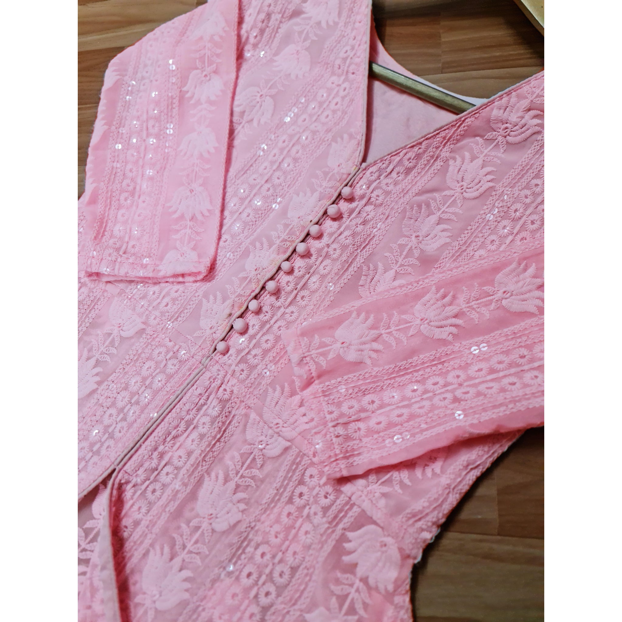 Pink Front Slit Chikankari Long Kurti