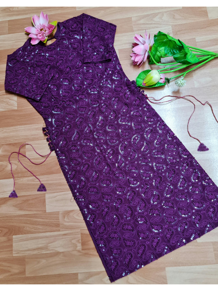 Purple Bodyfit Side Tassel Chikankari Long Kurti