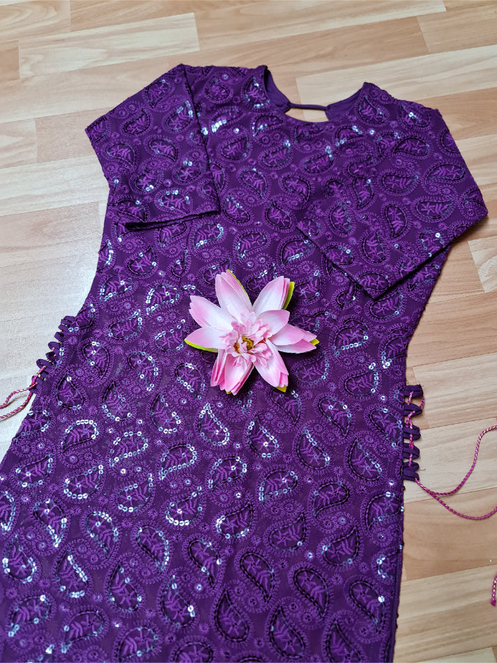 Purple Bodyfit Side Tassel Chikankari Long Kurti