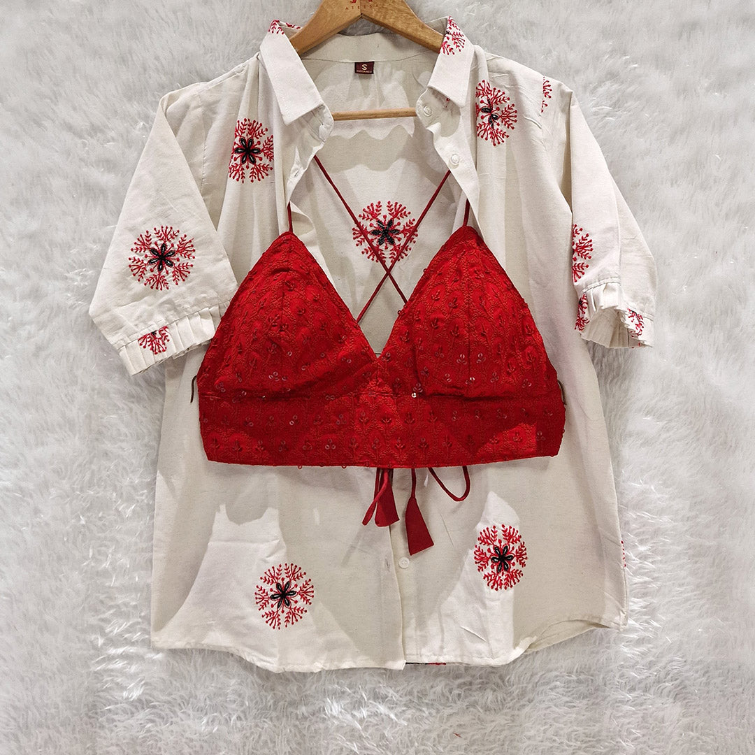 Biege Embroidery Cotton Shirt & Red Chikan Bra Combo