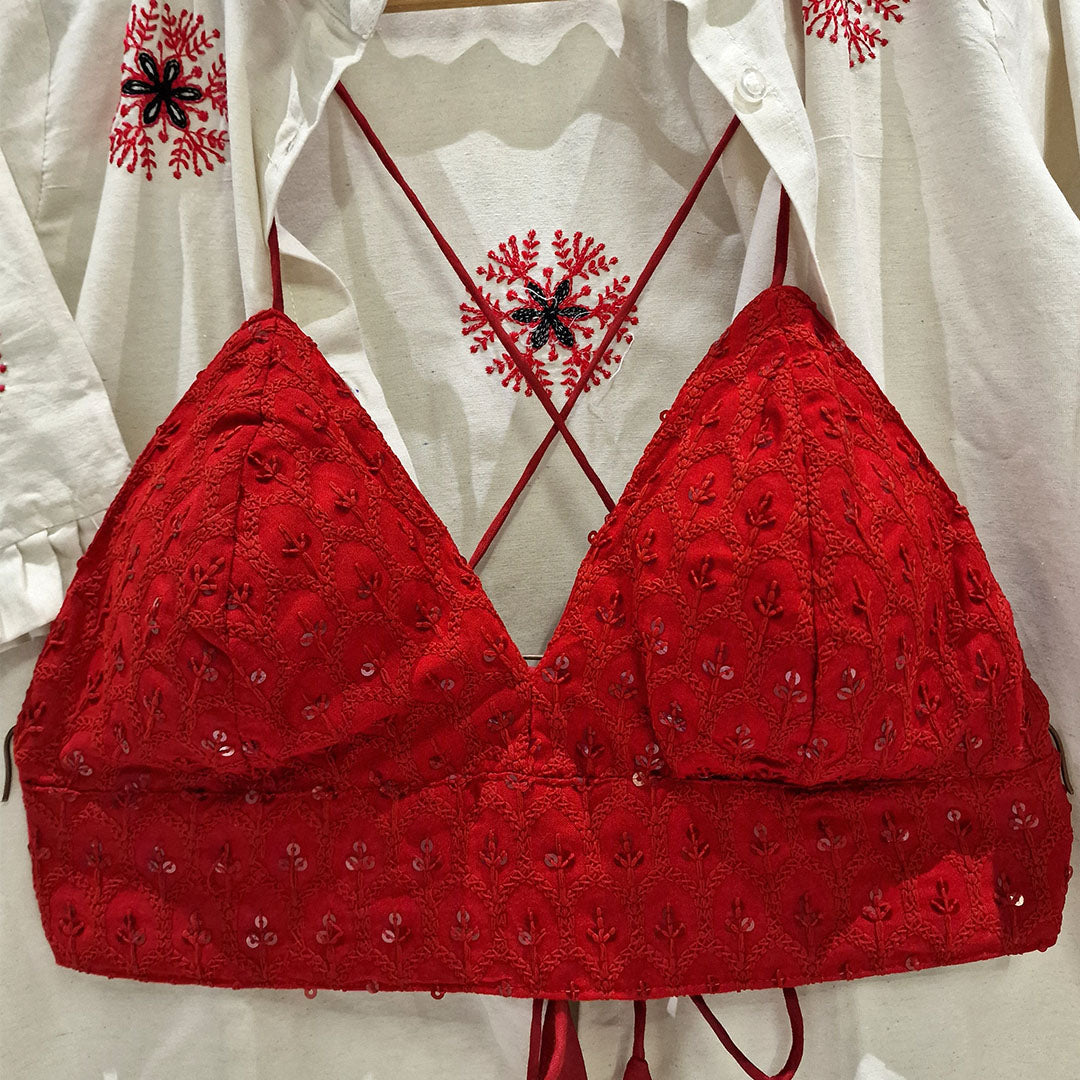 Milky White Embroidery Cotton Shirt & Red Chikan Bra Combo