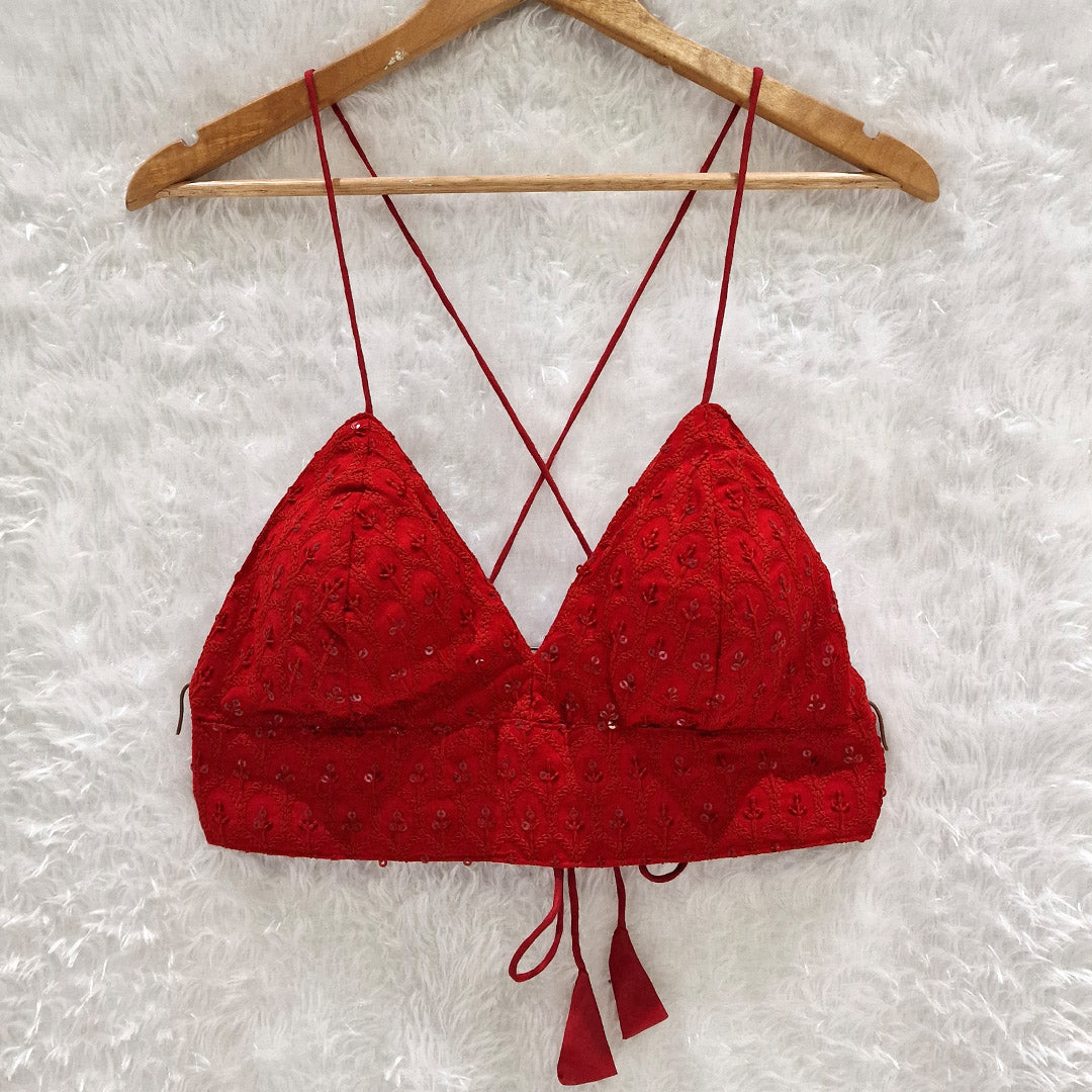 Heart Embroidered Cotton Shirt with Red Chikan Bra Combo