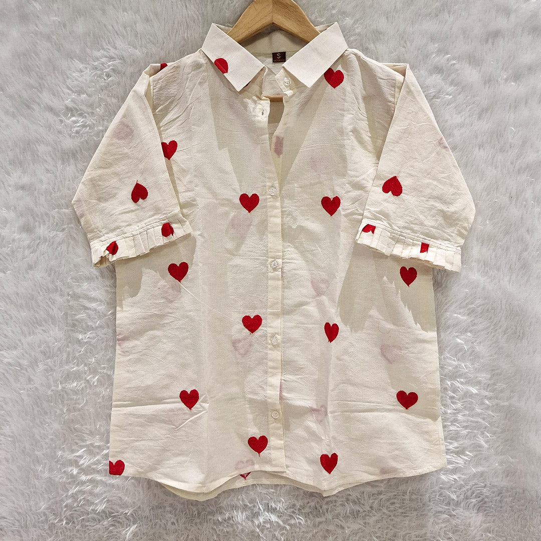 Heart Embroidered Cotton Shirt with Red Chikan Bra Combo