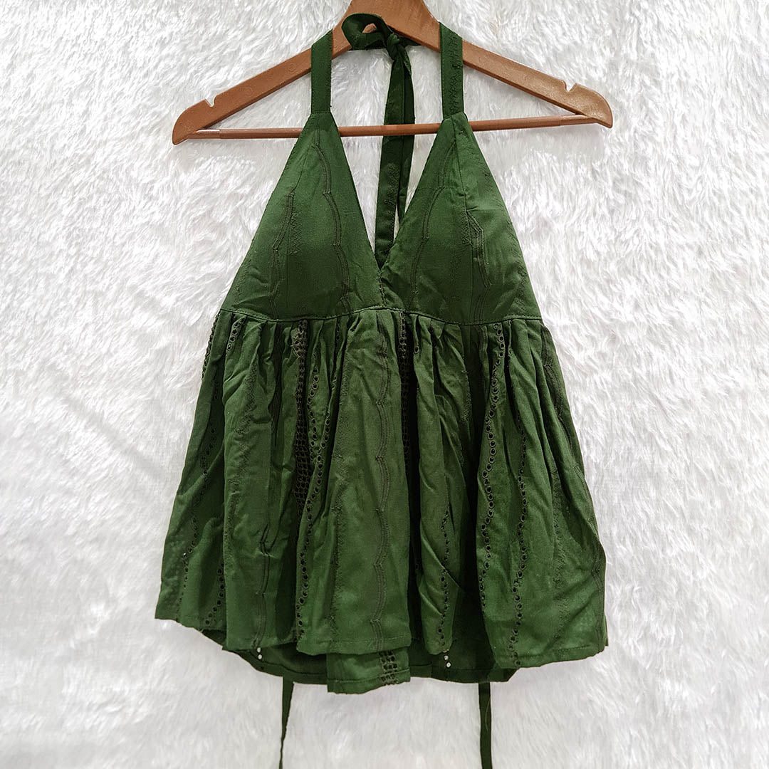 Dark Green Halter Neck Hakoba Work Cotton Top