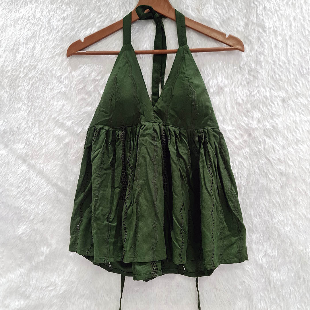 Dark Green Halter Neck Hakoba Work Cotton Top