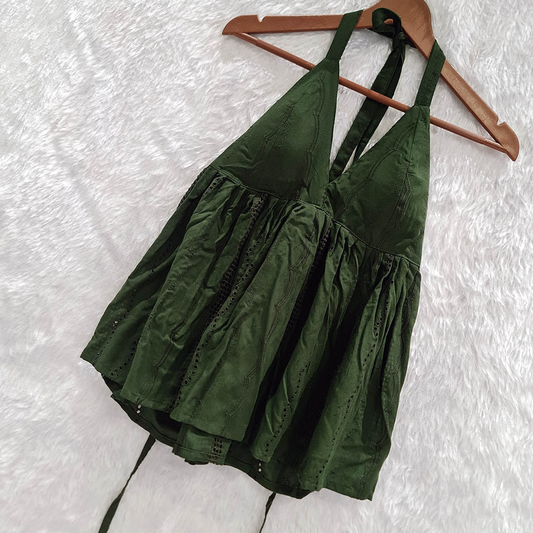 Dark Green Halter Neck Hakoba Work Cotton Top