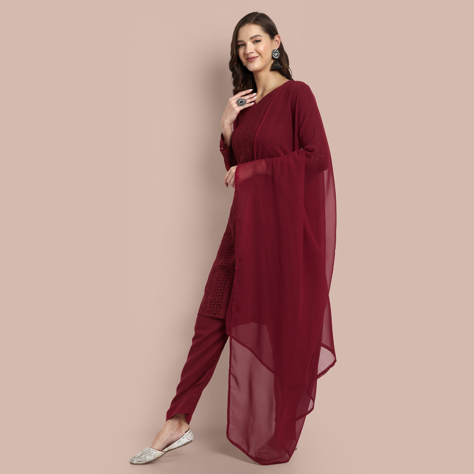 Women Hakoba Work Kurta With Trousers & Dupatta