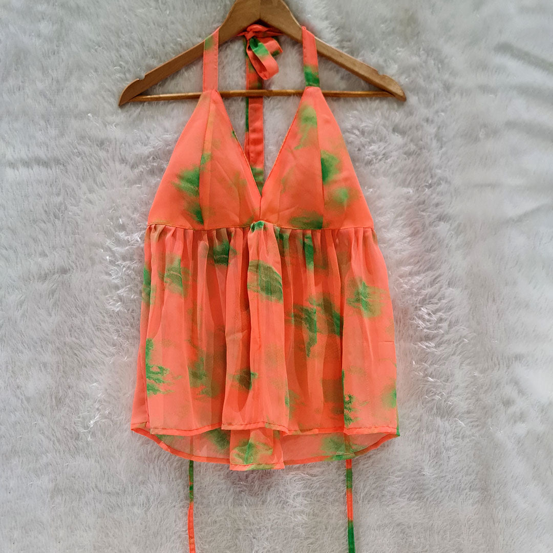 Orange Printed Halter Neck Chiffon Padded Top