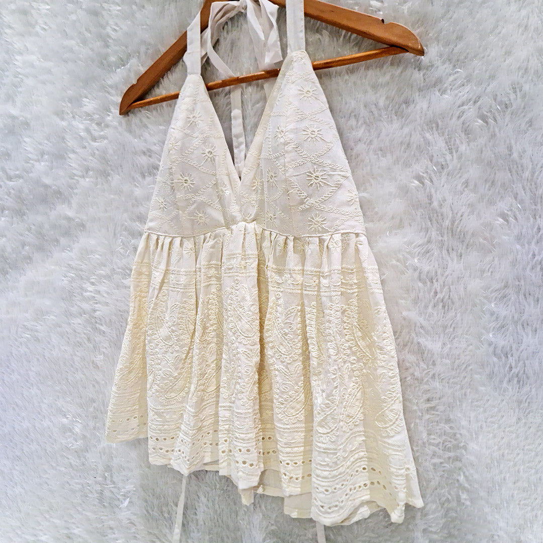 Cream Chikan Halter Neck Cotton Removable Padded Top