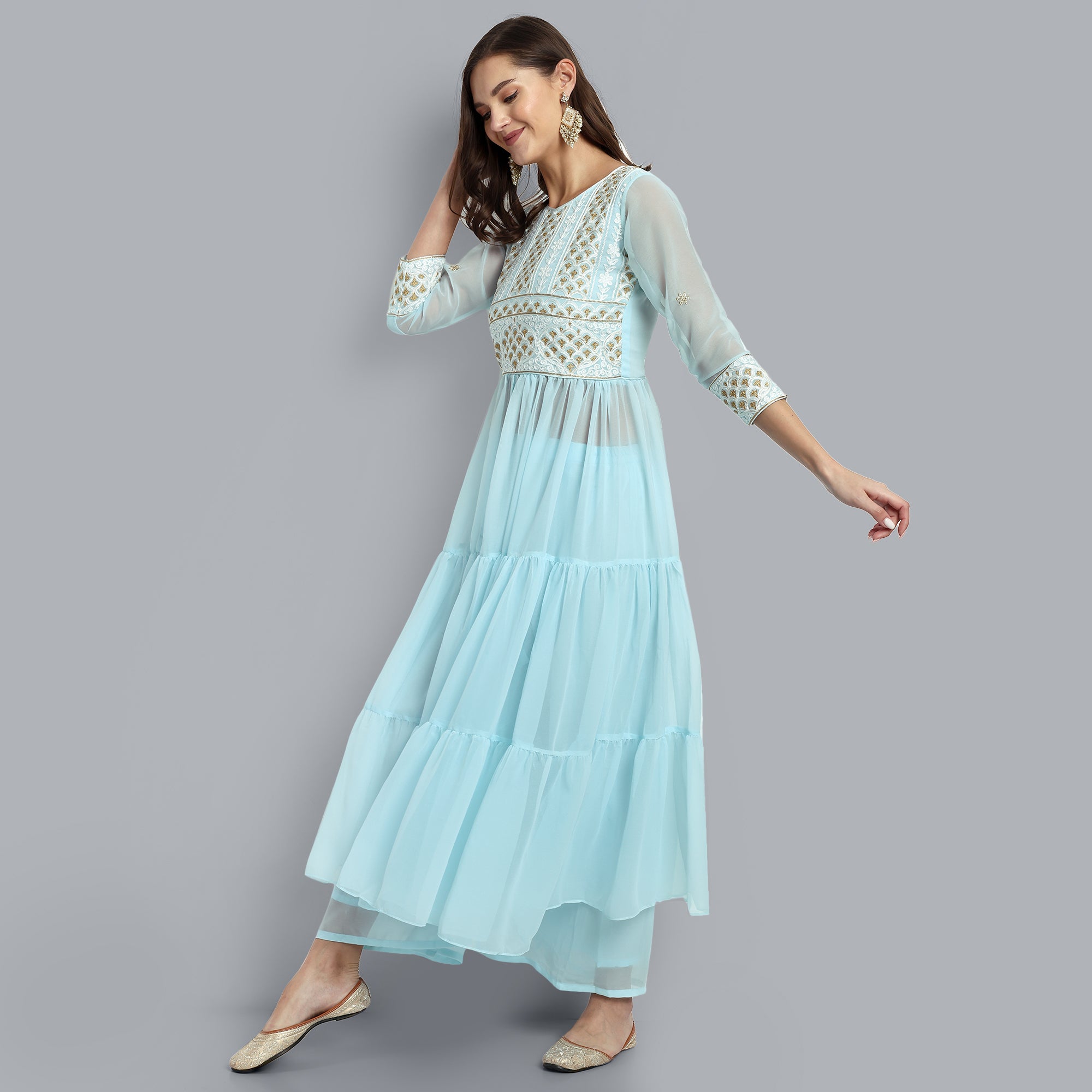 Women Blue Floral Embroidered Tiered Kurta with Sharara